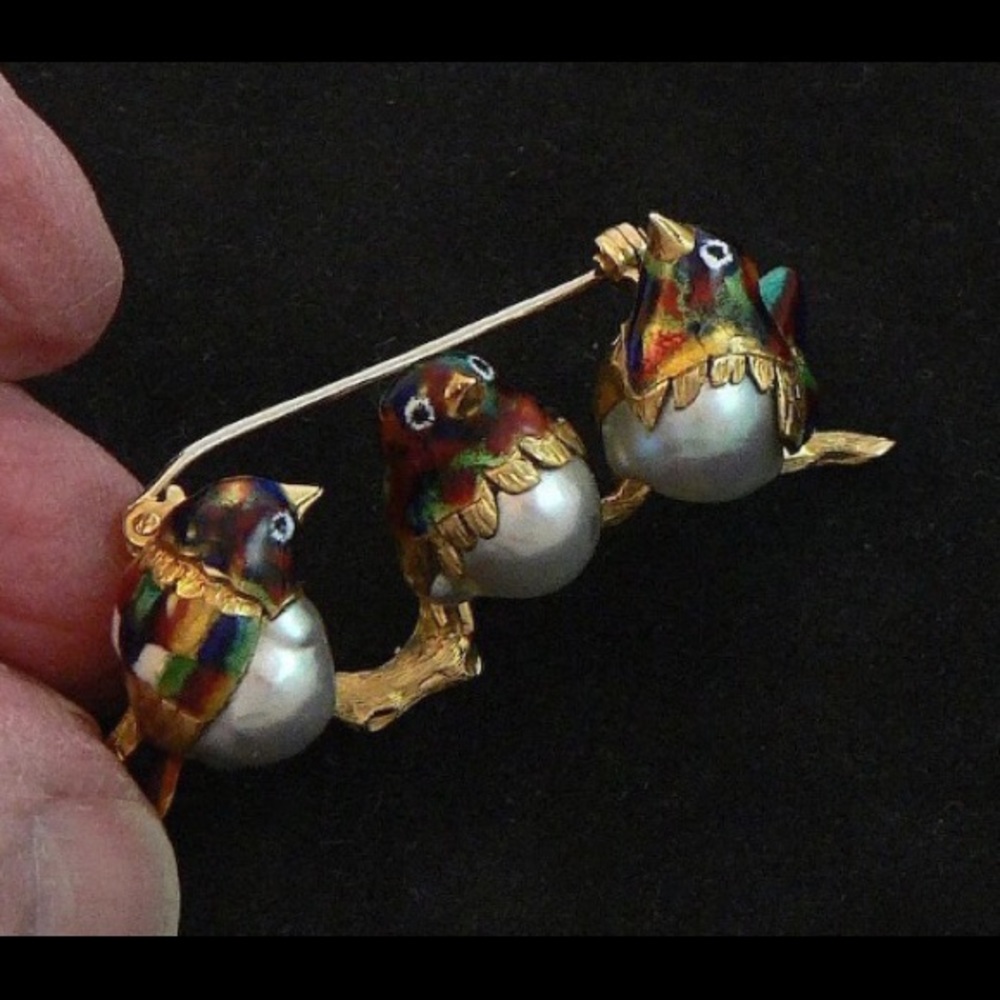 Solid 18kt gold, genuine pearl & enamel, brooch - Picture 5 of 10